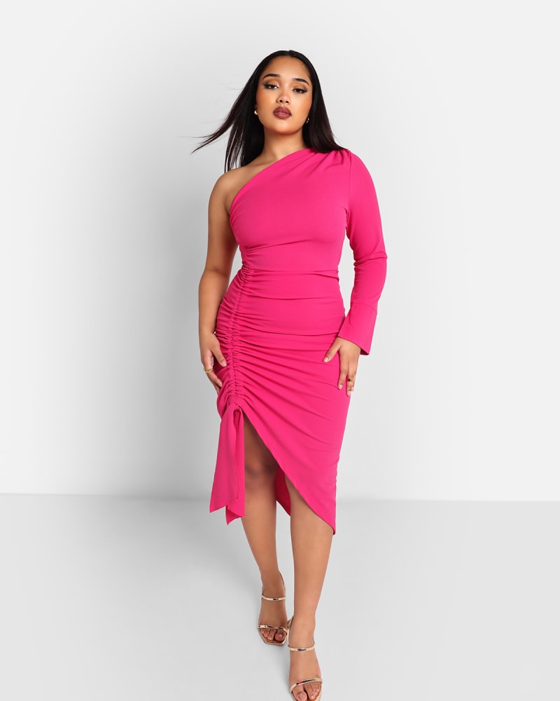 Front of a model wearing a size 5x Rebdolls Women's Azalea One Shoulder Asymmetrical Midi Bodycon Dress in Pink by Rebdolls. | dia_product_style_image_id:327757